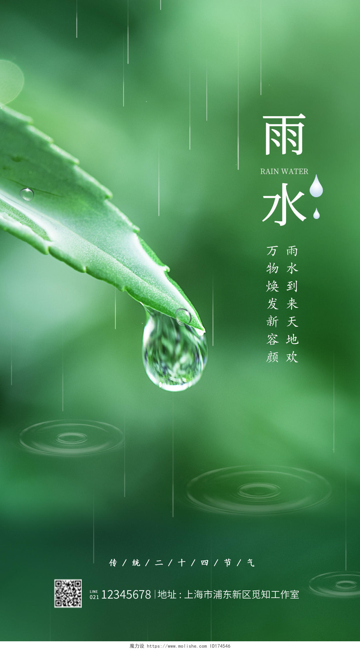 绿色实景风格雨水节气海报雨水手机宣传海报